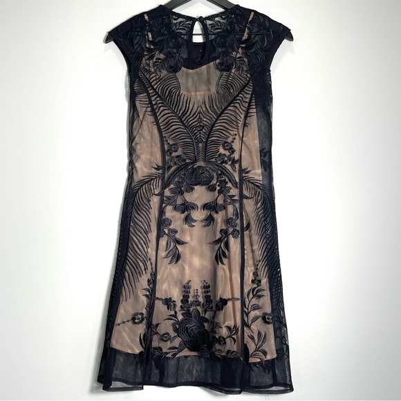 HAYA KLEIN Lace Sheer Black Sheath Dress Formal Sleeveless Nude Lining Size 6 - Picture 2 of 9